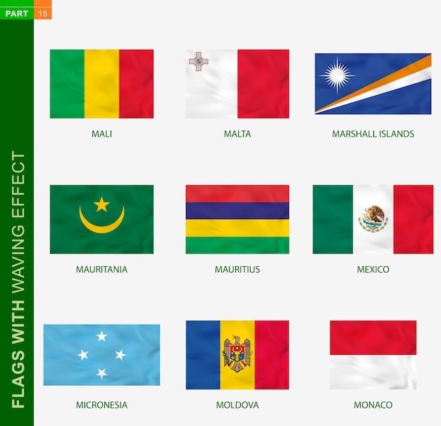 Set of flag with waving effect, national flag with texture. Vector flag of Mali, Malta, Marshall Islands, Mauritania, Mauritius, Mexico, Micronesia, Moldova, Monaco