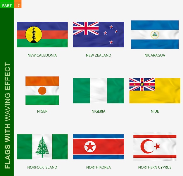 Set of flag with waving effect, national flag with texture. Vector flag of New Caledonia, New Zealand, Nicaragua, Niger, Nigeria, Niue, Norfolk Island, North Korea, Northern Cyprus