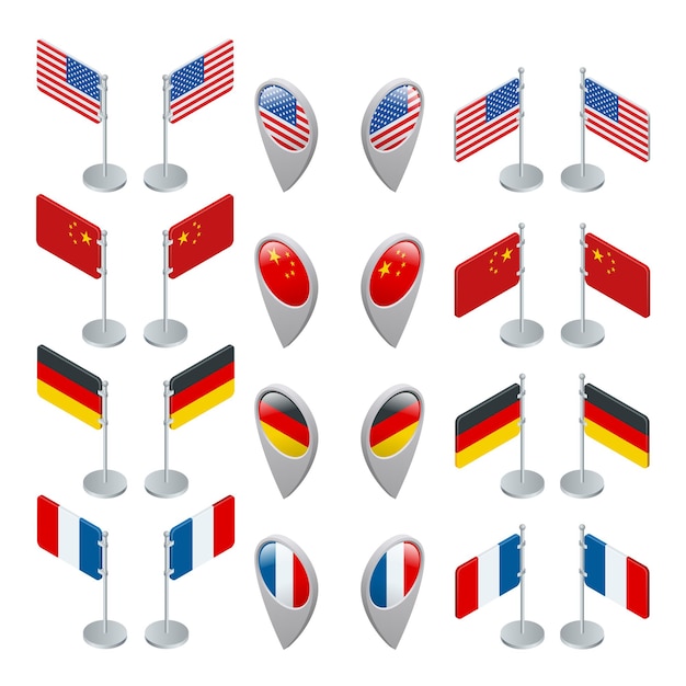 Vector set flags and gps location symbol. usa, china, germany and france. flat 3d vector isometric illustration.