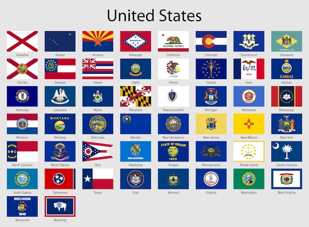 Set Flags of the states of USA All United States regions flag collection