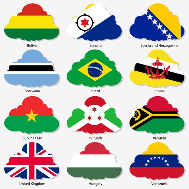 Vector set flags of world sovereign states in form clouds vector illustration set number 3