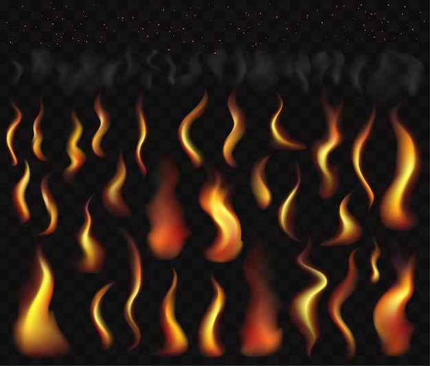 Vector set of flame fire smoke and burning sparks. set of transparent burning light effects.