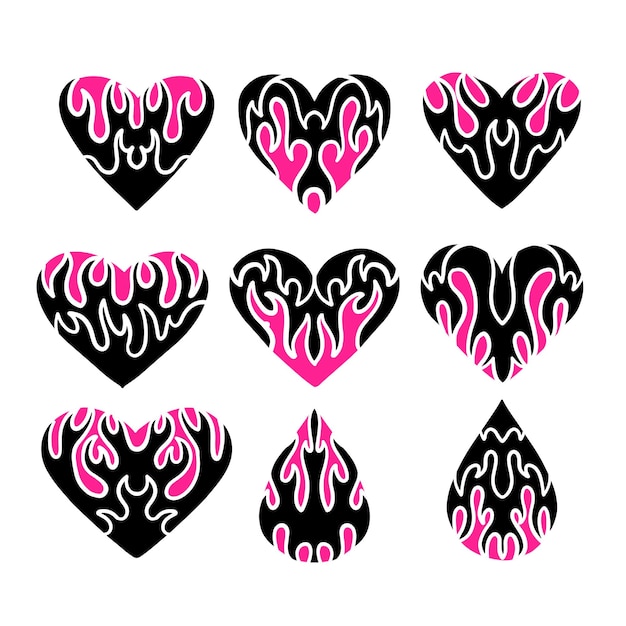 Set of flame hearts icons black and magenta pink color silhouette isolated on white background vinta