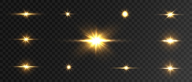 A set of flares bright lights and sparkles on a transparent background Golden flashes and glare