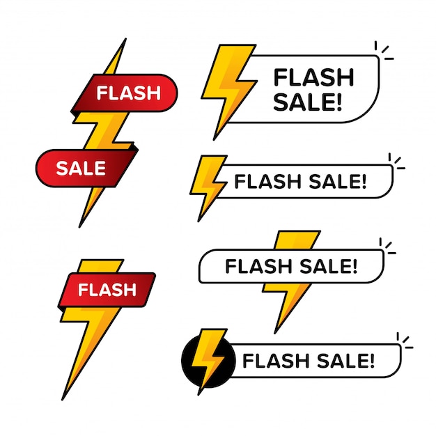 Set of flash sale banners with thunder sign. Designed in various shape and color.