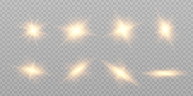 A set of flashes lights and lines on a transparent background Bright beams of light