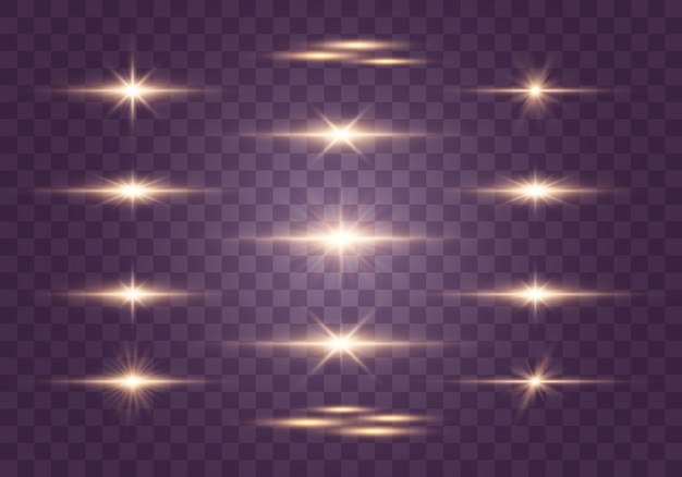 Set of flashes Lights and Sparkles Bright gold glares, golden Bright rays of light Glowing lines 