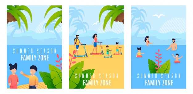 Set Flat Banner Summer Season Family Zone Cartoon