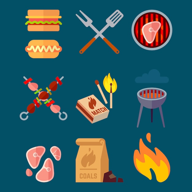 Set of flat barbecue elements. Camping vector illustration isolated. Bbq meat cooking, healthy beef grilled