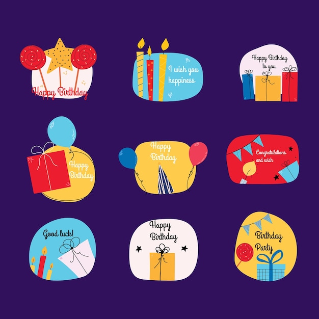 Set of flat birthday elements with candles gifts Badges holiday stickers Vector illustration