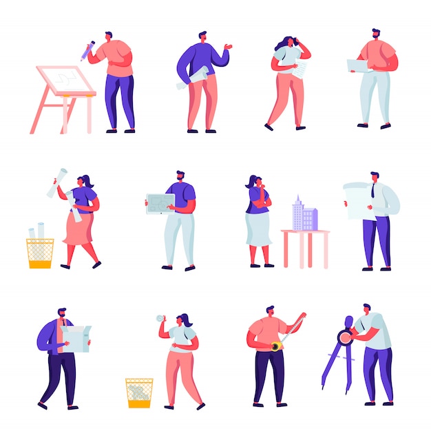 Set of Flat Building, Design and Engineering Workers Characters 