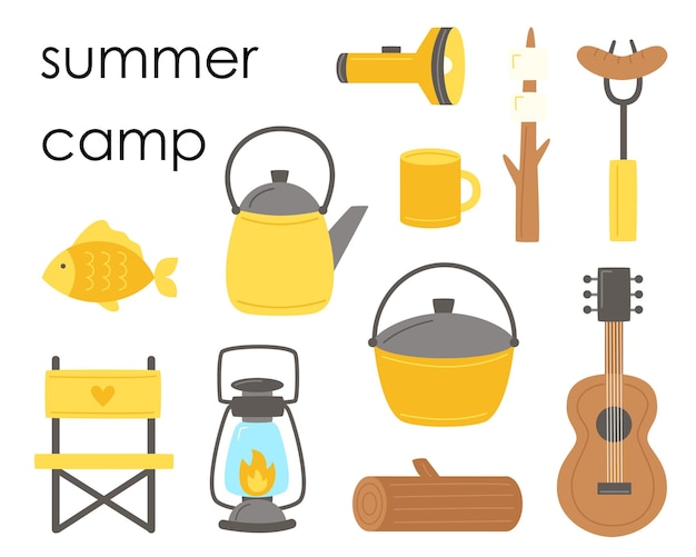 Set of flat camping elements for creating logos cards and posters