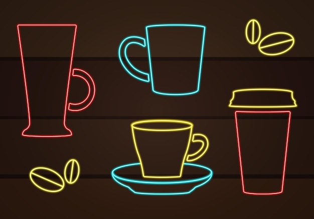 Set of flat coffee icons in neon style. isolated icons on wooden background.