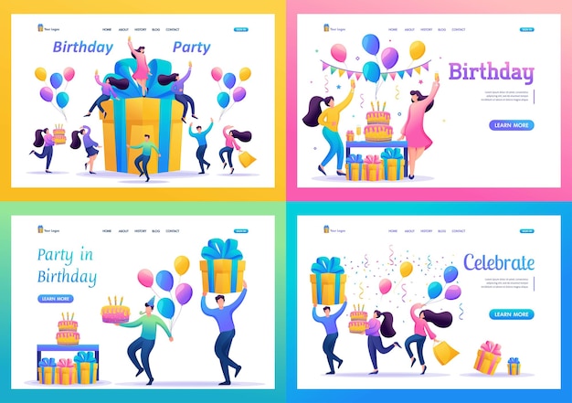 Set Flat concepts Celebrate birthday Party with friends Anniversary confetti with happy funny 2D charactersFor Landing page concepts and web design