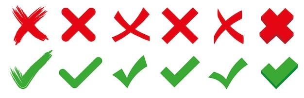 Set of flat confirm and cancel check marks Signs and lines of different thicknesses green and red