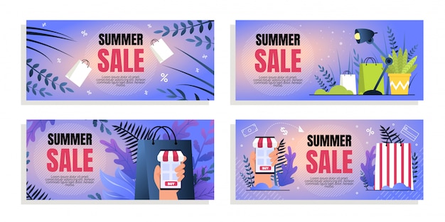 Set Flat Coupon Inscription Summer Sale Cartoon