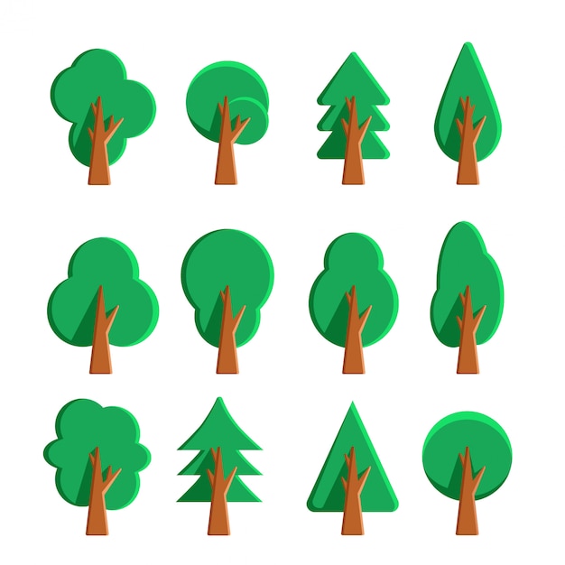 Set of flat decorative tree icons and elements