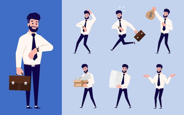 Set of Flat design businessman in many gesture isolated on white background Business people in different pose in workplace Character with separate body part for easy to animate in animation program