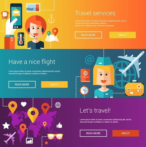 Set of flat design flyers and headers of travel