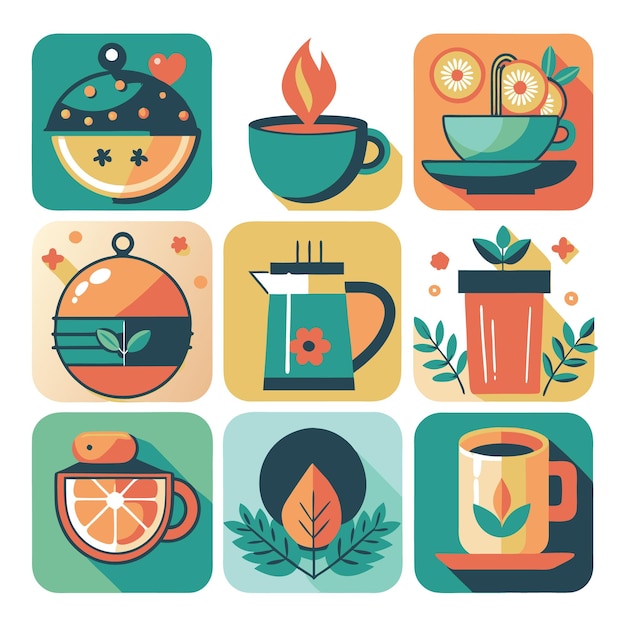 Vector set of flat design icons with teapots cups and tea leaves on a white background