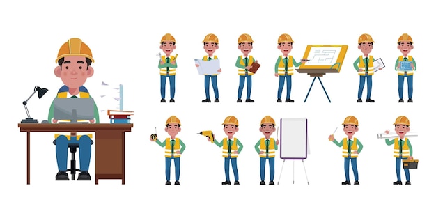 Set of flat engineer with different poses