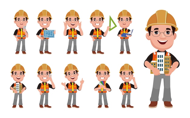 Set of flat engineer with different poses