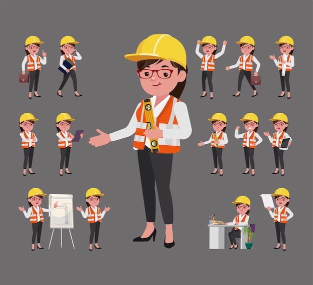 Set of flat engineer with different poses