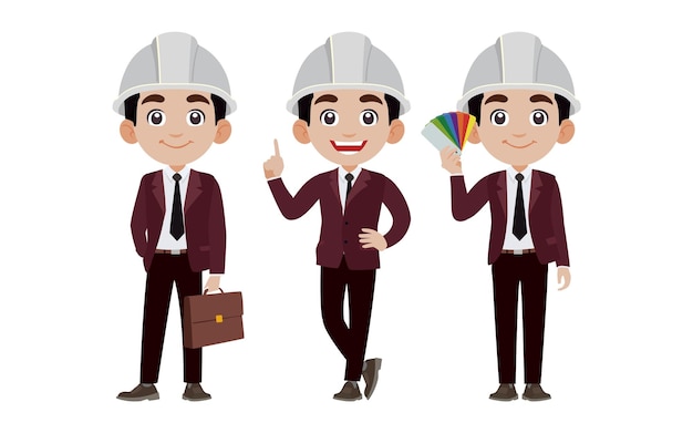 Set of flat engineer with different poses