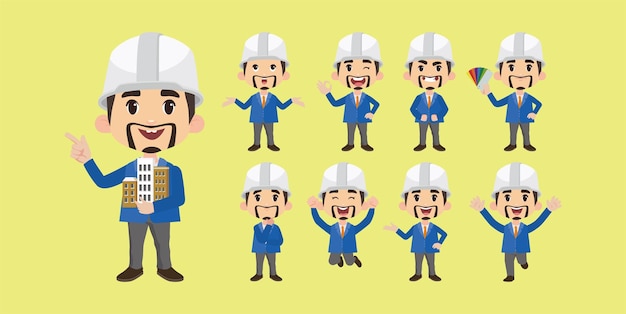 Set of flat engineer with different poses