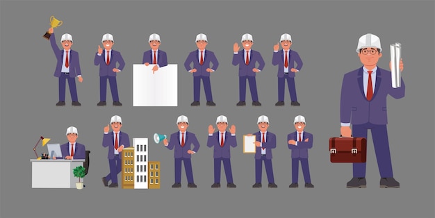 Set of flat engineer with different poses