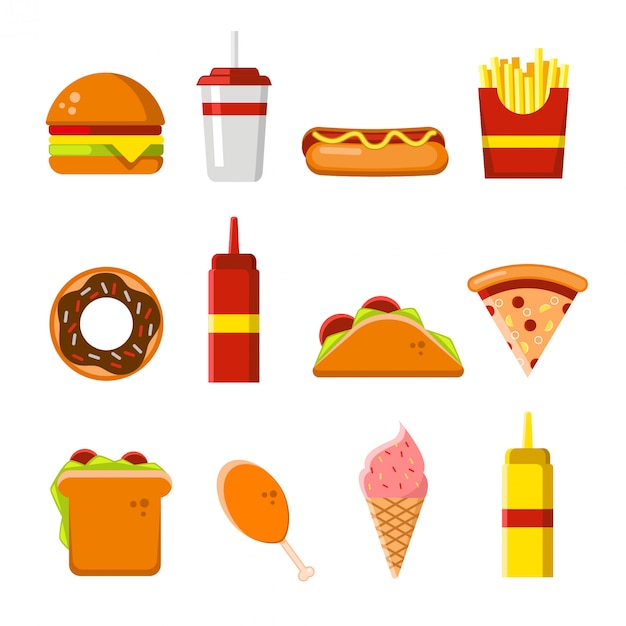 Set of flat fast food icons and elements