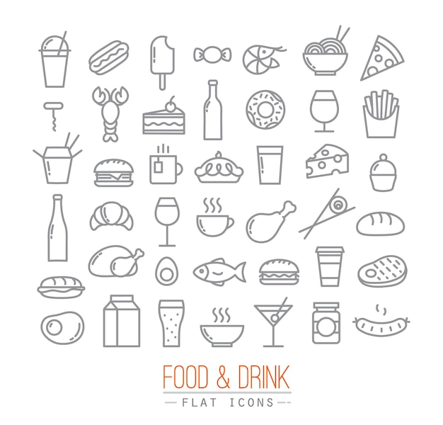 Set of flat food icons drawing with grey lines on white background