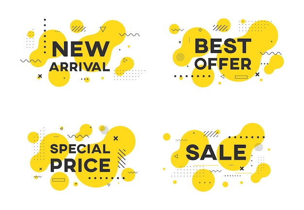 Set of flat geometric sale promo banners vector design. New arrival, Best Offer, Special Price stickers.