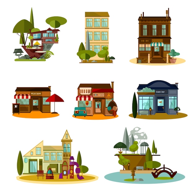 Set of flat houses and shops