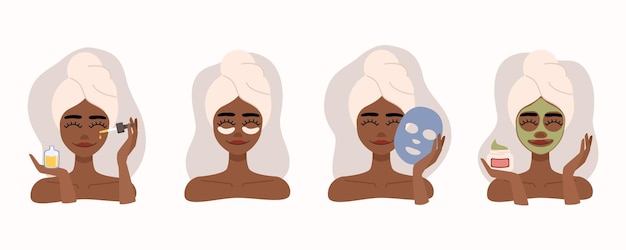 Set of flat icon beauty procedure. Girl with towel on head use serum, facial mask, cream.