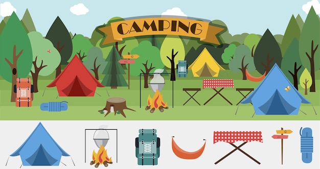 A set of flat icons for camping Equipment for Hiking mountaineering and campinga set of icons a