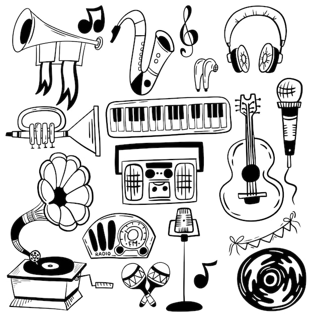 Vector set of flat illustrations of musical instruments headphones microphones tape recorder gramophone and radio in cartoon handdrawn style