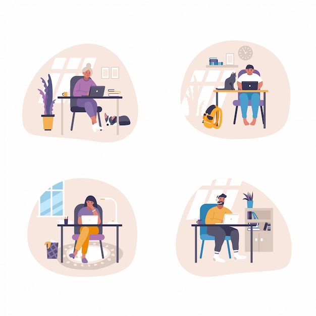 Set of flat  illustrations - people sitting at desk with laptops and working at home. Remote job illustration concept- trending working from home idea.