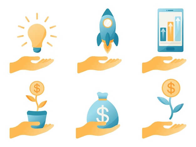 Set of flat illustrations of successful business launch and financial growth concept