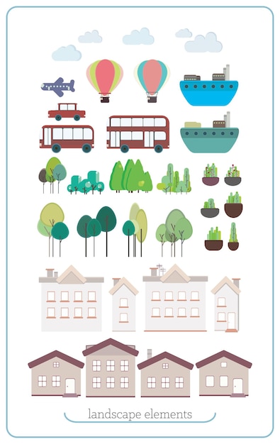 Set flat landscape elements with buildings