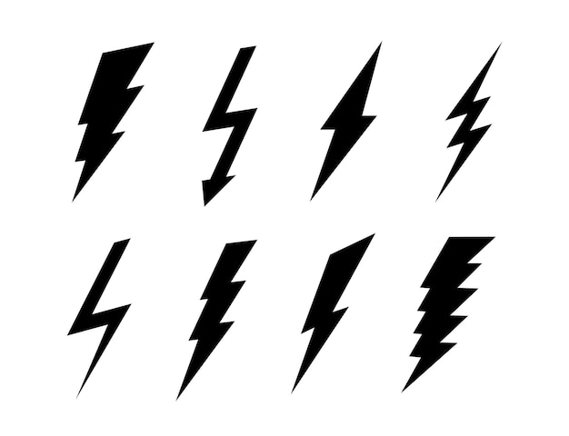 Set of flat lightning icons. Vector black signs. Bolt symbols collection isolated on white background.