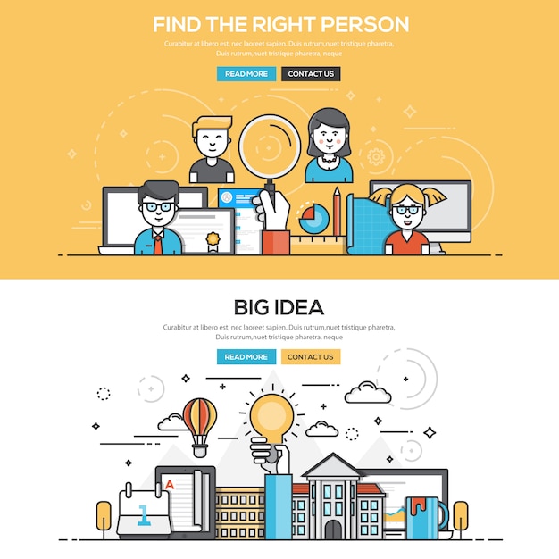 Set of Flat Line Color Banners Design Concepts for Find the Right People and Big Idea