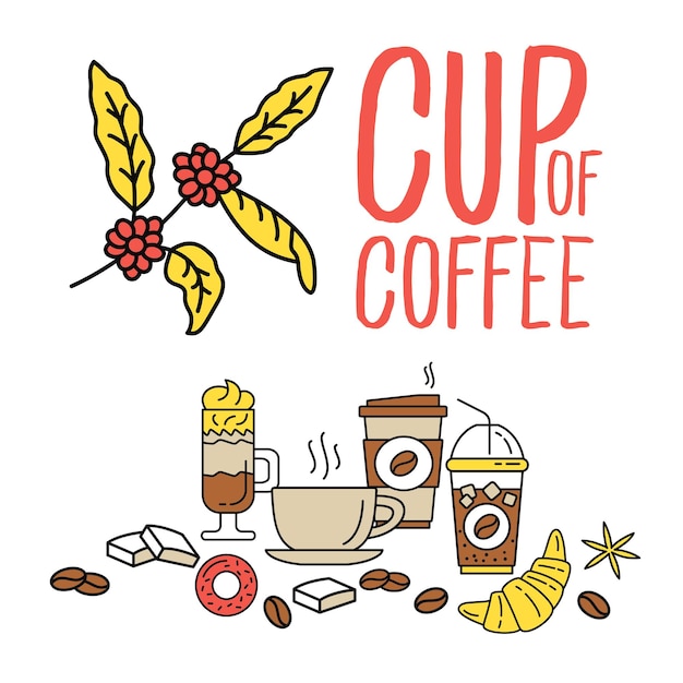 Set of flat line colored flat coffee icons