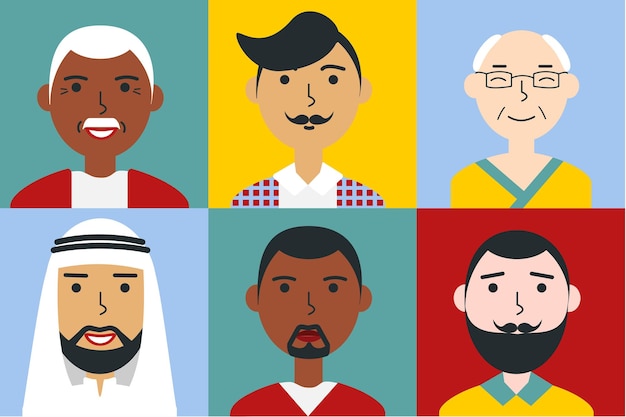 Set of flat men portraits young and senior African Asian Arab ethnicity People face avatars