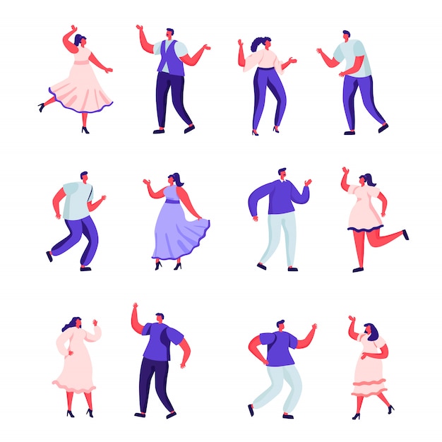 Set of flat people dance at a party characters.