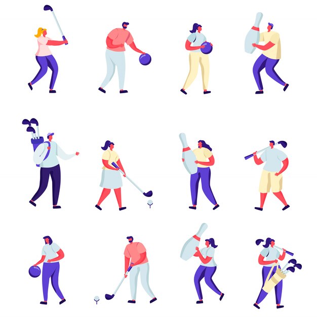 Vector set of flat people playing golf and bowling characters