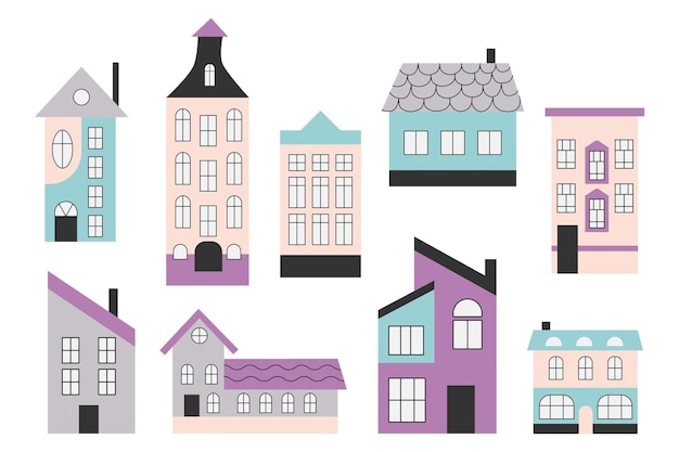 A set of flat style houses. Buildings with windows in Scandinavian style. Town and country houses.