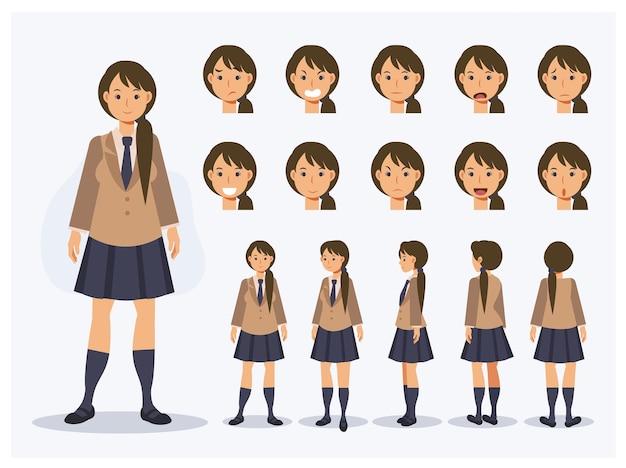 Set of Flat Vector Character Japanese student girl in uniform with various views, Cartoon style.