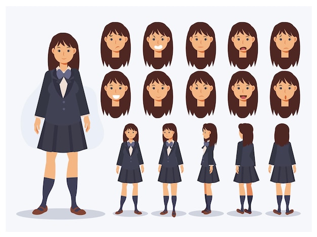 Set of Flat Vector Character Japanese student girl in uniform with various views, Cartoon style.