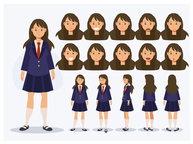 Set of Flat Vector Character Japanese student girl in uniform with various views, Cartoon style.